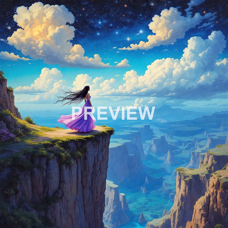 A woman in a flowing purple dress stands on the edge of a cliff overlooking a vast canyon under a starry sky with large, fluffy clouds.